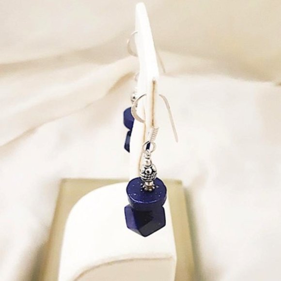 Genuine Blue Lapis Lazuli Dangled Earrings 925 Silver French Wire Pierced Ears - Picture 3 of 9